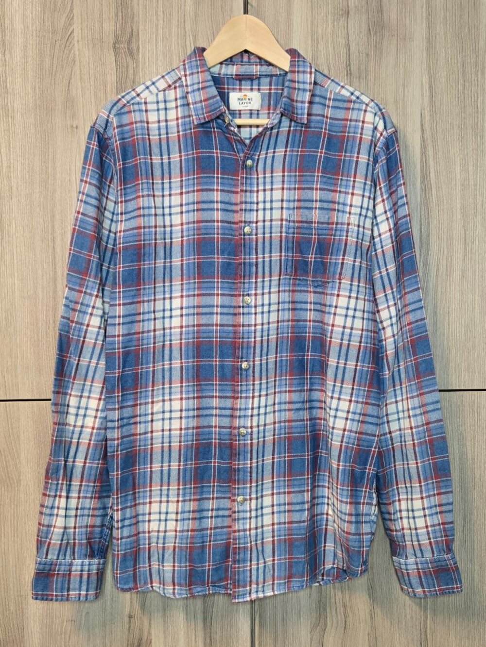 Marine Layer Tahoe Plaid Flannel Shirt Mens Blue Red White Size Larger